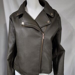 New York & Company olive green faux leather shirt jacket